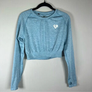 Womens Best Seamless Shirt Blue Heather Long Sleeve Stretch Workout Crop Top 2XL